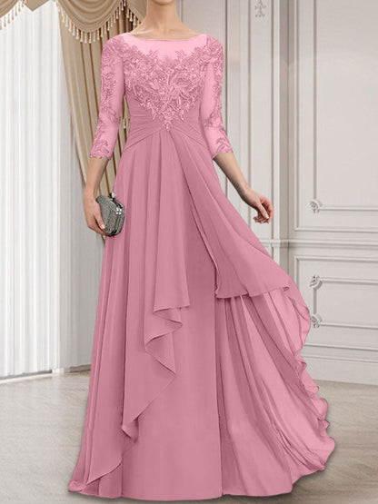A-line Scoop Illusion Floor-Length Lace Chiffon Mother of the Bride Dress With Cascading Ruffles