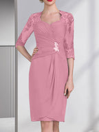 Vestido de gasa para madre de la novia con escote corazón, largo hasta la rodilla, con apliques de cuentas, encaje y lentejuelas plisado.