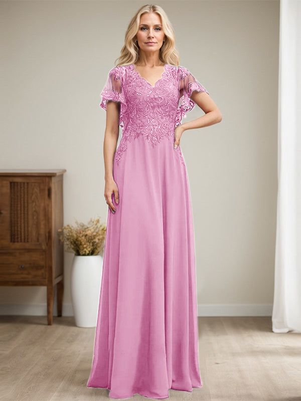 A-Linie V-Ausschnitt Bodenlanges Spitzenchiffonkleid für die Brautmutter mit Pailletten 