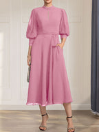A-line High Neck Tea-Length Lace Chiffon Mother of the Bride Dress With Bow