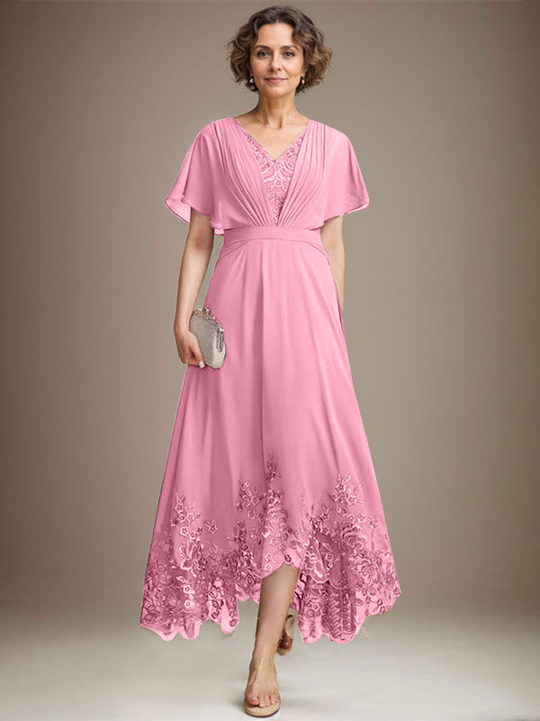 Vestido de madre de la novia de gasa con encaje asimétrico, escote en V y corte A con pliegues
