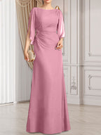 Vestido de gasa para madre de la novia con corte tubo/columna, escote redondo y largo hasta el suelo, con cuentas plisadas