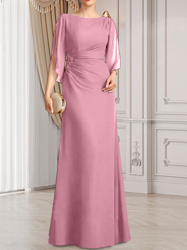 Vestido de gasa para madre de la novia con corte tubo/columna, escote redondo y largo hasta el suelo, con cuentas plisadas