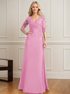 A-Linien-Kleid mit V-Ausschnitt, bodenlangem Spitzenchiffon und plissierten Pailletten 