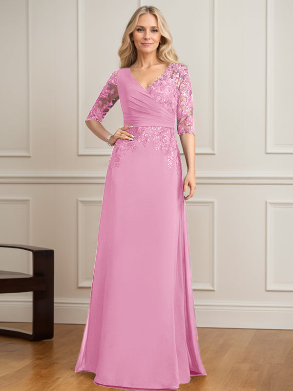 Vestido de madre de la novia de gasa con encaje, escote en V y lentejuelas plisadas hasta el suelo