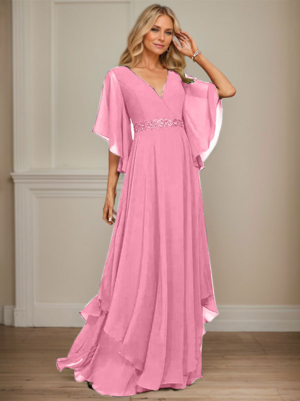 Vestido de gasa para madre de la novia, corte A, escote en V, largo hasta el suelo, con apliques de lentejuelas, encaje y abalorios