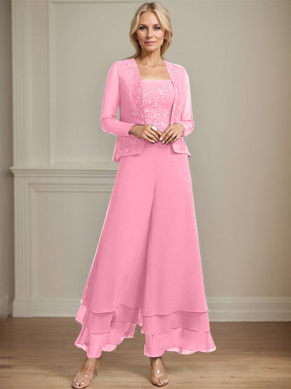 Separates Jumpsuit/Hosenanzug Quadratisches Knöchellanges Spitzenchiffonkleid für die Brautmutter mit Pailletten 
