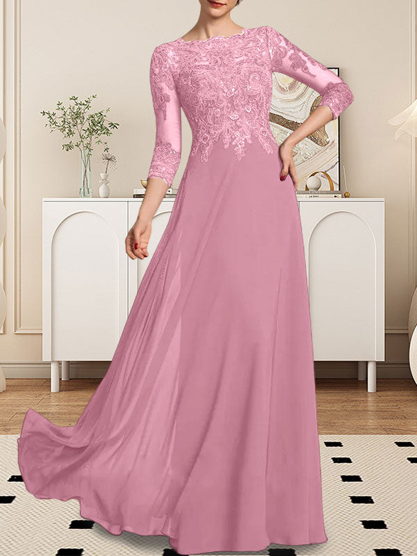 Vestido de gasa con encaje y lentejuelas para madre de la novia, corte A, largo hasta el suelo