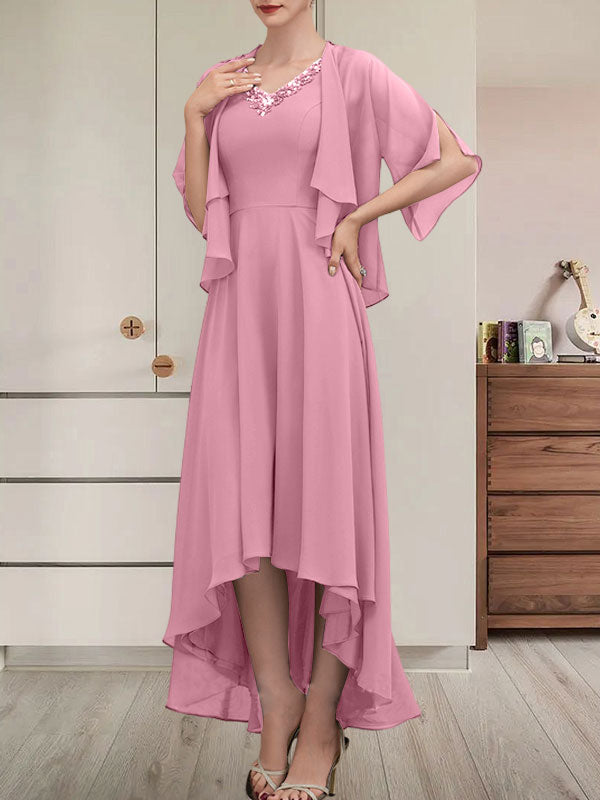 A-Linien-Kleid mit V-Ausschnitt, asymmetrischem Chiffon für die Brautmutter mit Perlen und Pailletten