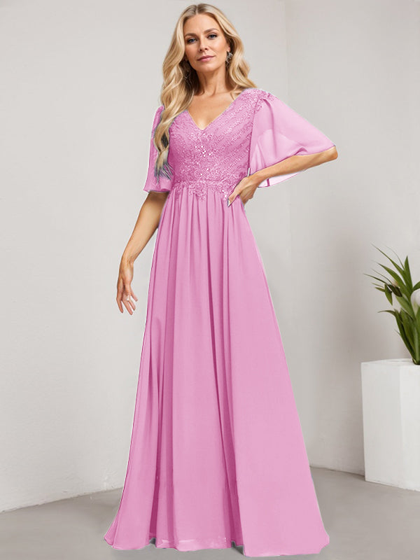 Vestido de madre de la novia de gasa con encaje, escote en V y lentejuelas, largo hasta el suelo