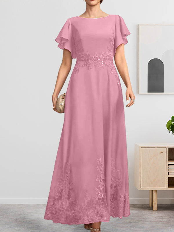 A-Linie U-Ausschnitt Knöchellang Spitzen-Chiffon-Kleid für die Brautmutter mit Pailletten