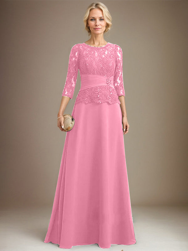 Vestido de gasa con encaje, corte A, ilusión, largo hasta el suelo, para madre de la novia, con lentejuelas plisadas y abalorios