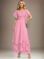 Vestido de gasa con encaje y escote en V hasta los tobillos para madre de la novia con volantes en cascada