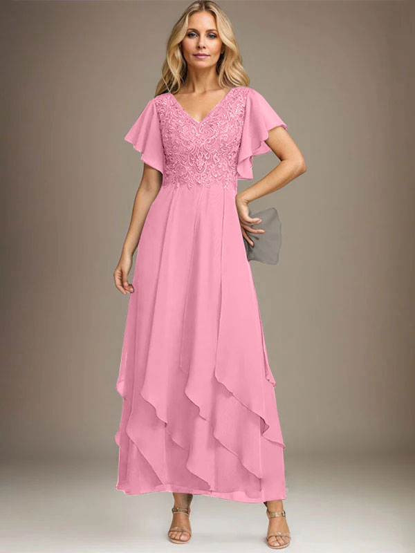 Vestido de gasa con encaje y escote en V hasta los tobillos para madre de la novia con volantes en cascada