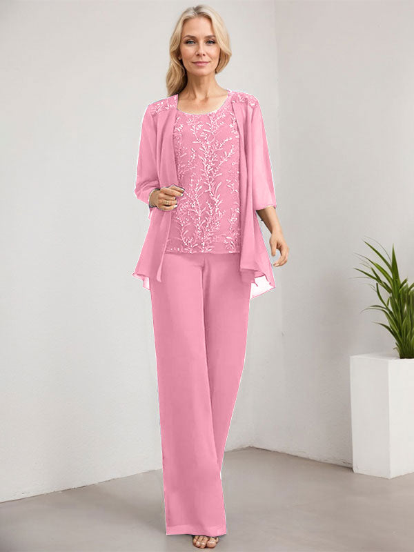 Vestido de madre de la novia de gasa con encaje, largo hasta el suelo, con lentejuelas y mono/pantalón separado
