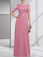Vestido de gasa con encaje y lentejuelas para madre de la novia, corte A, largo hasta el suelo