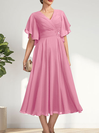 A-line V-Neck Tea-Length Chiffon Mother of the Bride Dress With Pleated Beading