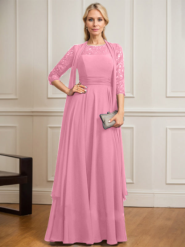 Vestido de gasa de encaje con ilusión de corte A hasta el suelo para madre de la novia con pliegues