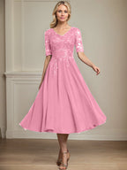 Vestido de gasa con encaje y lentejuelas para madre de la novia, corte A, escote en V y largo hasta la rodilla