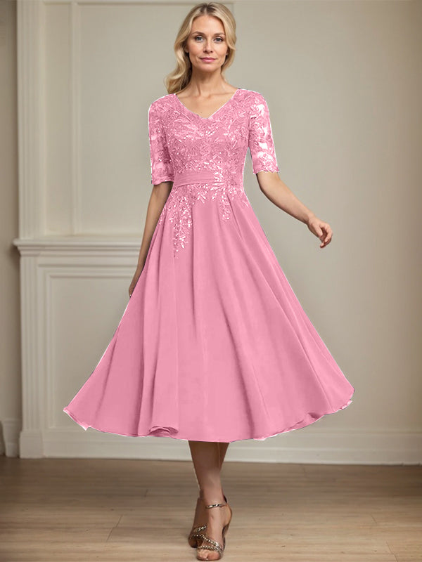Vestido de gasa con encaje y lentejuelas para madre de la novia, corte A, escote en V y largo hasta la rodilla