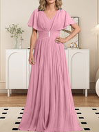 Vestido de gasa para madre de la novia, corte A, escote en V, largo hasta el suelo, con broche de cristal y plisado