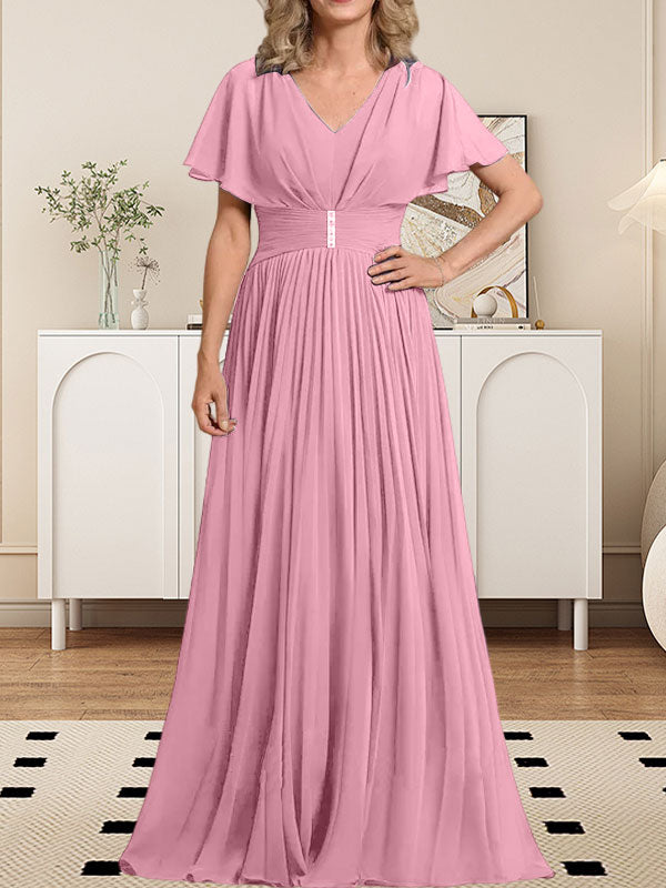 Vestido de gasa para madre de la novia, corte A, escote en V, largo hasta el suelo, con broche de cristal y plisado