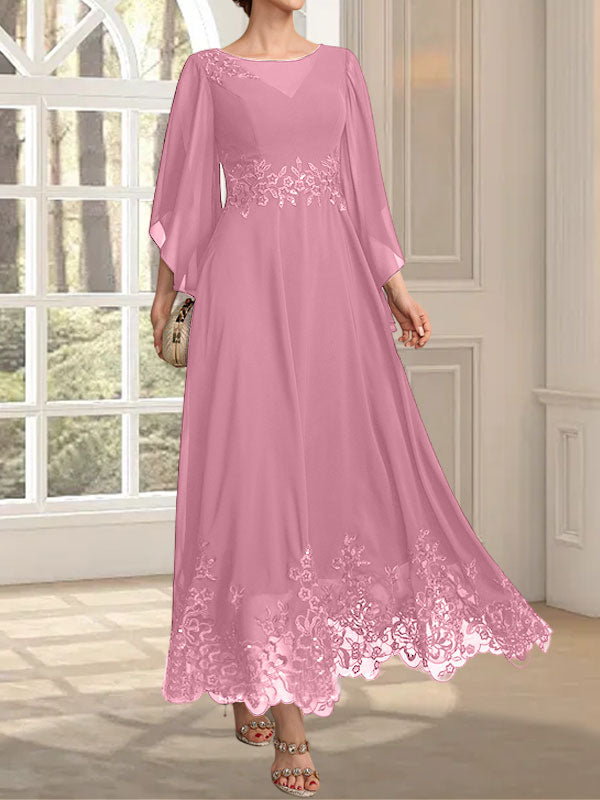 Vestido de gasa con encaje y lentejuelas para madre de la novia, corte A, escote ilusión, largo hasta los tobillos