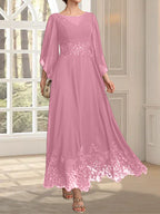 Vestido de gasa con encaje y lentejuelas para madre de la novia, corte A, escote ilusión, largo hasta los tobillos