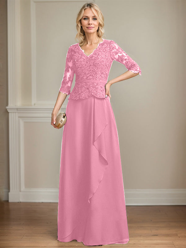 A-Linie V-Ausschnitt Bodenlanges Spitzen-Chiffon-Kleid für die Brautmutter mit kaskadierenden Rüschen und Pailletten 