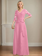 A-Linie V-Ausschnitt Bodenlanges Spitzen-Chiffon-Kleid für die Brautmutter mit kaskadierenden Rüschen und Pailletten 
