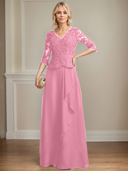 A-line V-Neck Floor-Length Lace Chiffon Mother of the Bride Dress With Cascading Ruffles Sequins