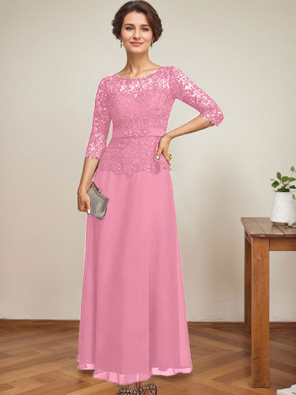 Vestido de gasa con encaje y escote en A, ilusión, largo hasta los tobillos, para madre de la novia con cuentas de diamantes de imitación