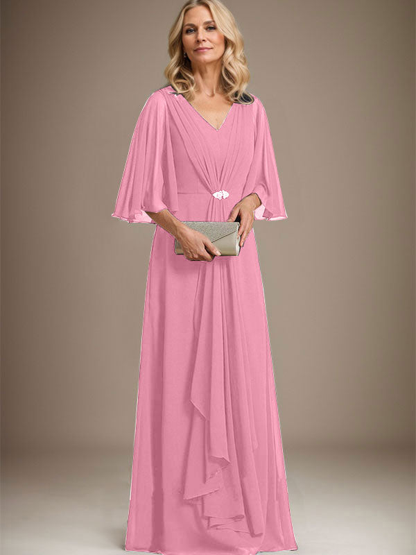 Vestido de gasa para madre de la novia, corte A, escote en V, largo hasta el suelo, con volantes en cascada y broche de cristal