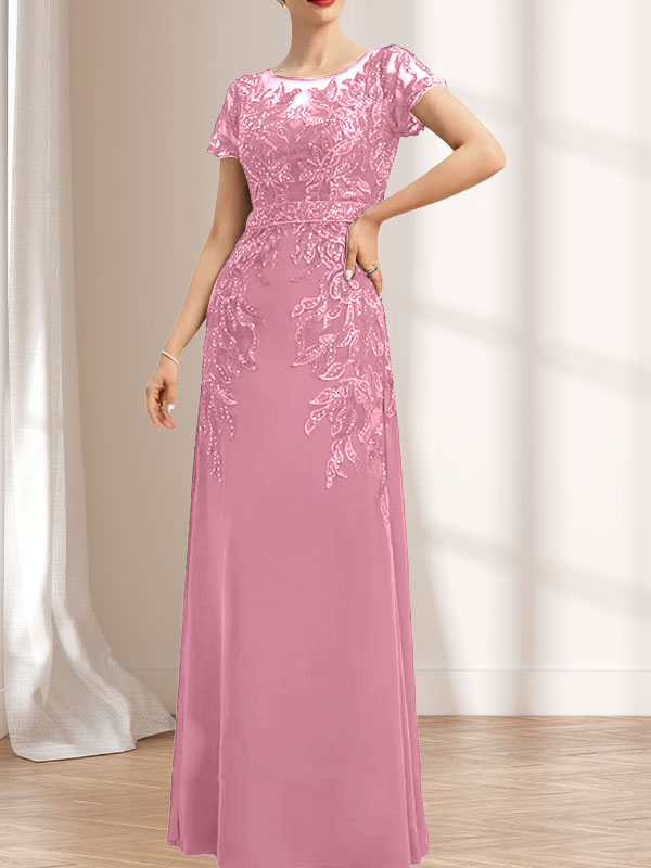 Vestido de madre de la novia de gasa con encaje, escote redondo, ilusión, largo hasta el suelo, con lentejuelas