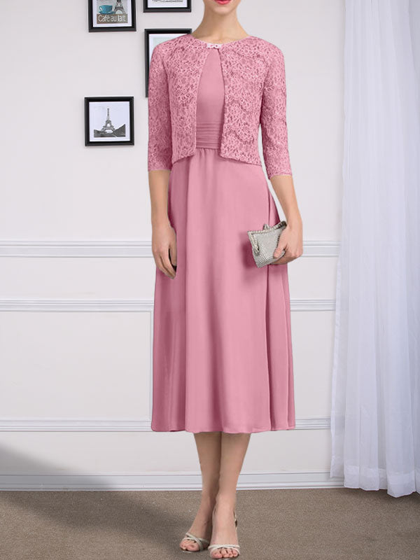 Vestido de gasa para madre de la novia con corte en A, escote redondo y largo hasta la rodilla con pliegues