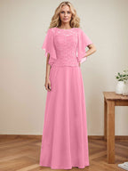 Vestido de gasa con encaje y lentejuelas para madre de la novia, corte A, escote ilusión, largo hasta el suelo