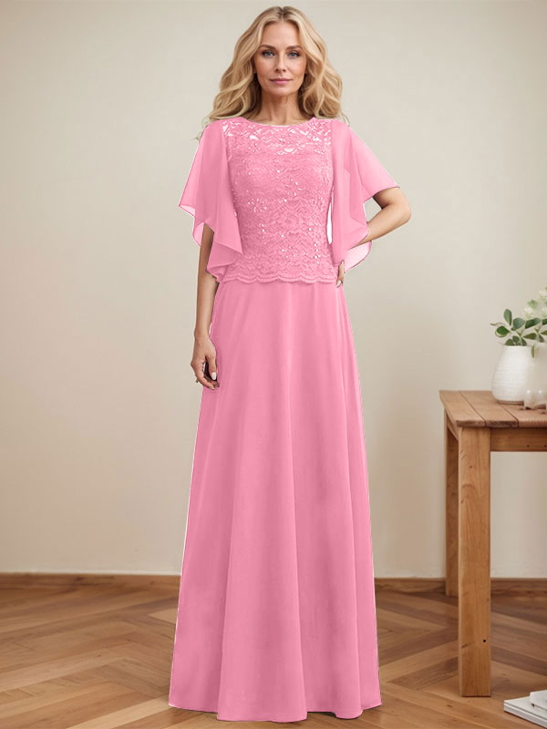 Vestido de gasa con encaje y lentejuelas para madre de la novia, corte A, escote ilusión, largo hasta el suelo