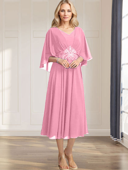 A-Linie V-Ausschnitt Wadenlanges Chiffonkleid für die Brautmutter mit plissierten Paillettenapplikationen Spitzenbesatz 