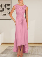 Vestido de gasa con encaje y escote redondo en forma de A color champán