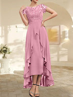 Vestido de madre de la novia de gasa asimétrica con escote en A, ilusión, encaje, lazo, volante y lentejuelas