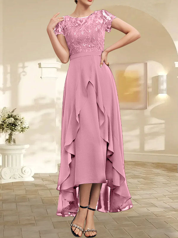 Vestido de madre de la novia de gasa asimétrica con escote en A, ilusión, encaje, lazo, volante y lentejuelas