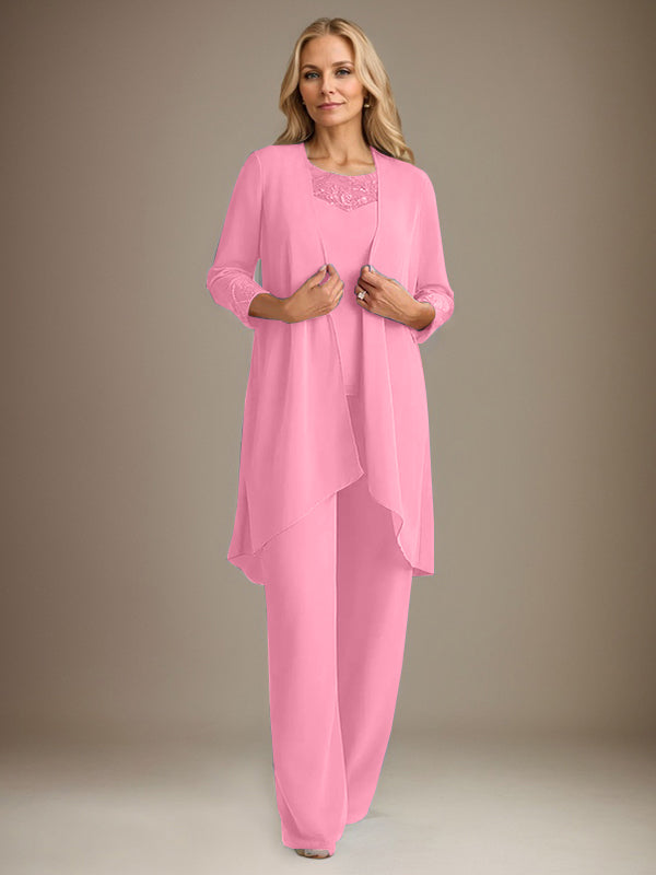 Trajes de gasa con mangas largas y escote redondo para madre de la novia con chaqueta