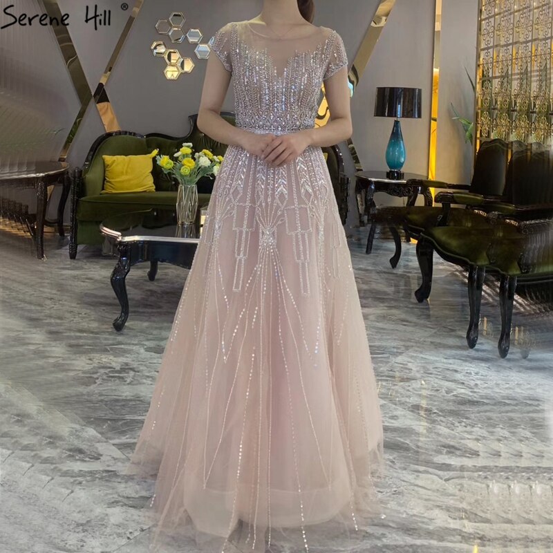 Vestido de noche rosa de lujo con cuentas brillantes, corte A, Dubái 2025, cuello redondo, mangas cortas, vestido formal LA70580 