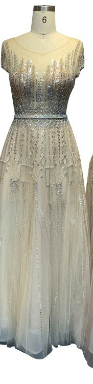 Vestido de noche rosa de lujo con cuentas brillantes, corte A, Dubái 2025, cuello redondo, mangas cortas, vestido formal LA70580 