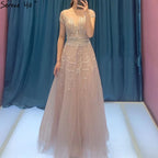 Vestido de noche rosa de lujo con cuentas brillantes, corte A, Dubái 2025, cuello redondo, mangas cortas, vestido formal LA70580 