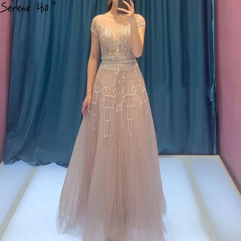 Vestido de noche rosa de lujo con cuentas brillantes, corte A, Dubái 2025, cuello redondo, mangas cortas, vestido formal LA70580 
