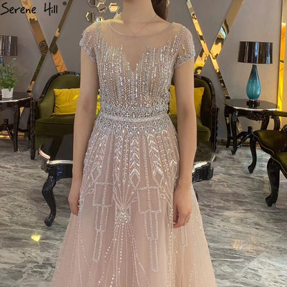 Vestido de noche rosa de lujo con cuentas brillantes, corte A, Dubái 2025, cuello redondo, mangas cortas, vestido formal LA70580 