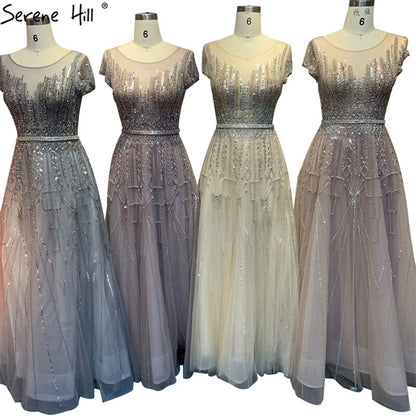 Vestido de noche rosa de lujo con cuentas brillantes, corte A, Dubái 2025, cuello redondo, mangas cortas, vestido formal LA70580 