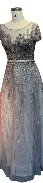 Vestido de noche rosa de lujo con cuentas brillantes, corte A, Dubái 2025, cuello redondo, mangas cortas, vestido formal LA70580 