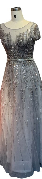 Vestido de noche rosa de lujo con cuentas brillantes, corte A, Dubái 2025, cuello redondo, mangas cortas, vestido formal LA70580 